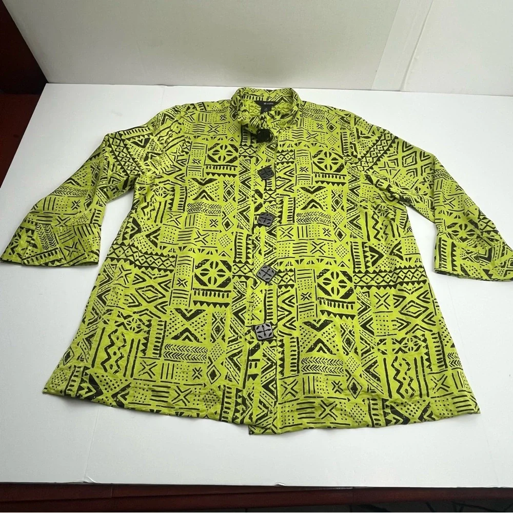 Ali Miles Geometric Green‎ Black Top Wire Collar Womens XL Button Front *FLAW
